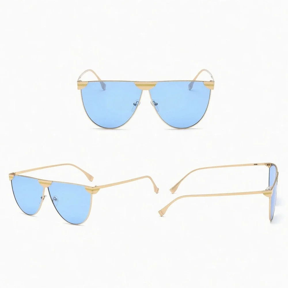 Mens‎ Gold Shield  Sunglasses Blue Tint Lens Flat Top Metal Frame Streetwear New